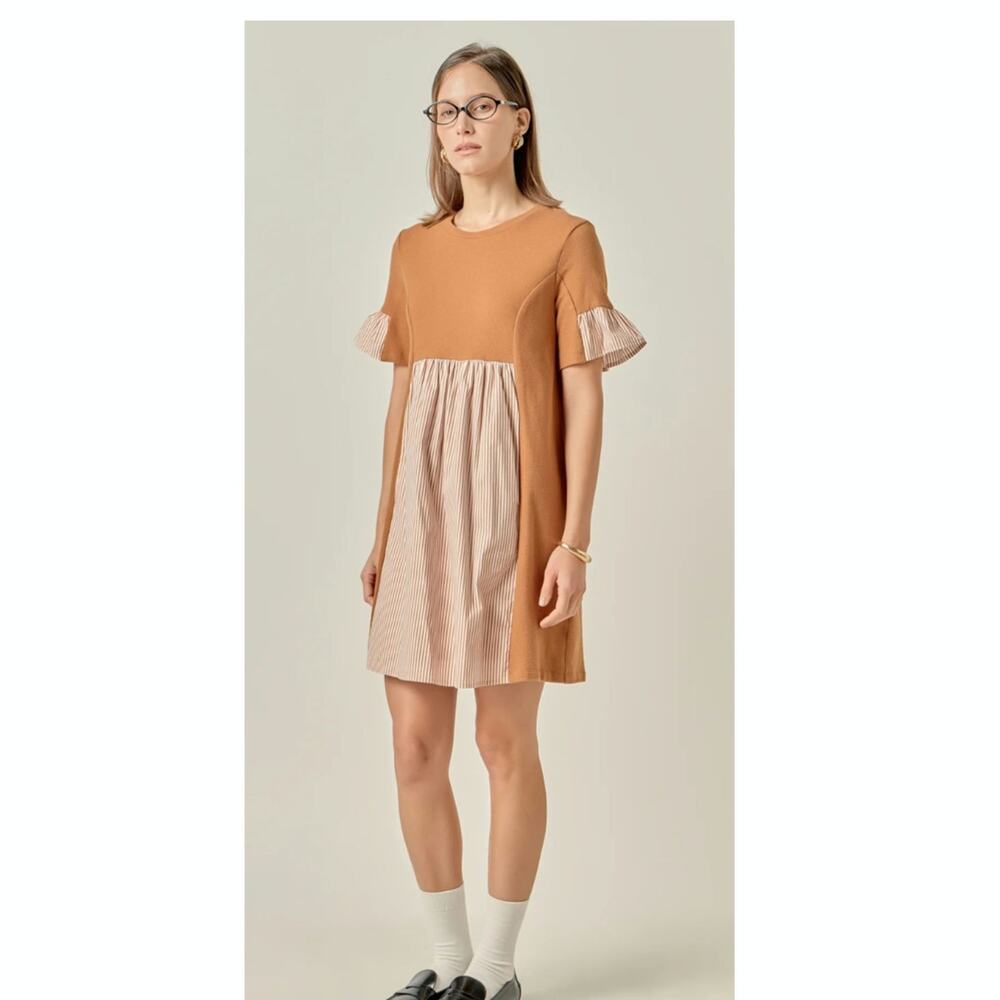 English Factory Mixed Media Striped Ruffle Sleeve Cotton Mini Dress